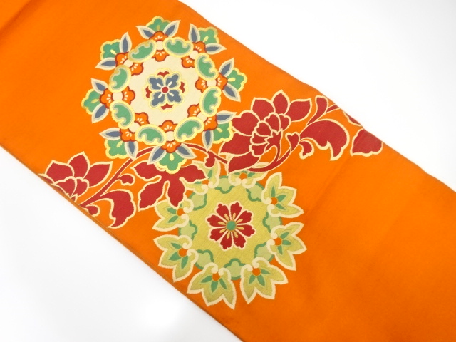 JAPANESE KIMONO / ANTIQUE FUKURO OBI / SILK / WOVEN FLORAL CREST & FLOWER